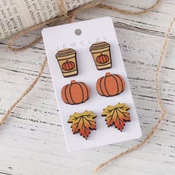 NEW Autumn Fall Harvest Pumpkin Coffee Maple Wooden Earrings - Picture 2 of 4
